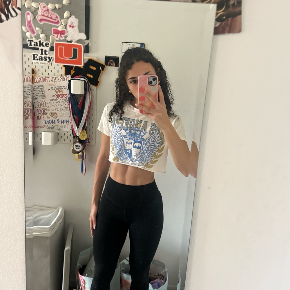 Altar'd State White Crop Top with Blue & Gold Crest